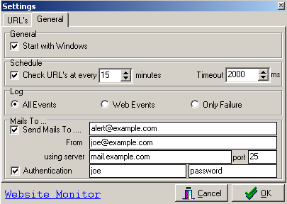 Website Monitoring settings